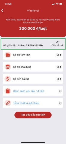 Lấy mã giới thiệu cá nhân để giới thiệu bạn bè có nhu cầu học 